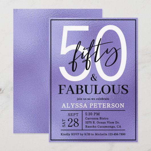 華やかな紫の装飾で50歳の誕生日をお祝い 紫の文字で50thバースデー 招待状 (正面/裏面)