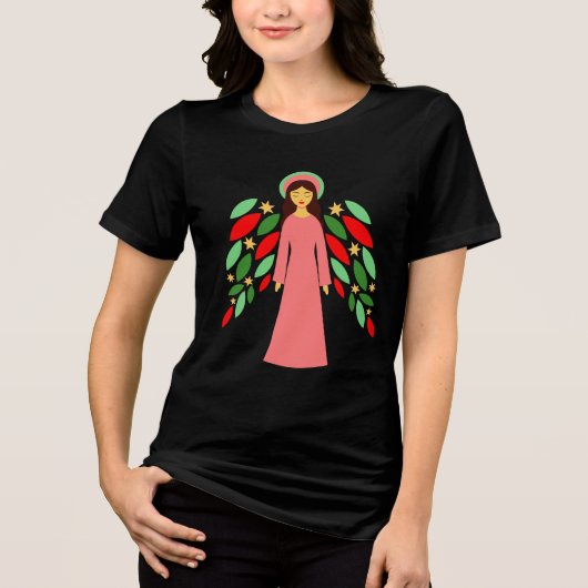 華やかな翼を持つ平和なクリスマスの天使 トライブレンドTシャツ (正面)