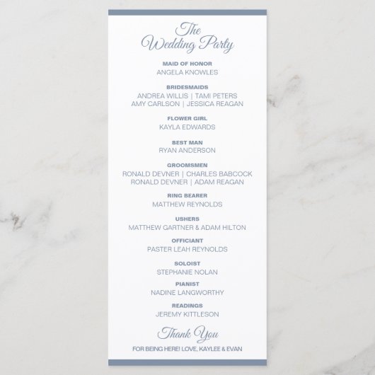 華やかな背の高いエレガントな結婚式プログラム |ほこりっぽい青 プログラム (裏面)