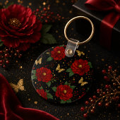 華やかな花のキーチェーン 赤いバラ 金の蝶々 キーホルダー