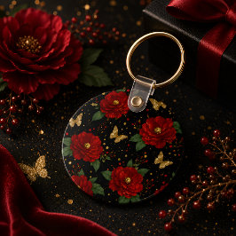 華やかな花のキーチェーン 赤いバラ 金の蝶々 キーホルダー