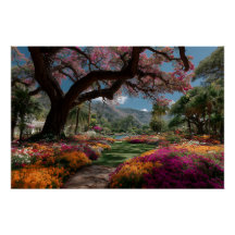 華やかな花の木の庭の楽園の景色