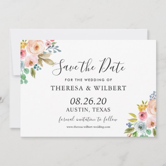 華やかな花柄の結婚式Save The Dateカード 招待状 (正面)