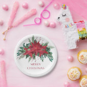 華やかな花柄の赤いポインセチア メリークリスマス ペーパープレート (パーティー)
