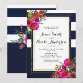 華やかな花柄の青と金 エレガントでモダンな結婚式 招待状 (正面/裏面)