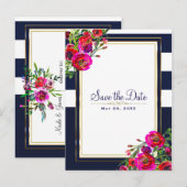 華やかな花柄の青と金 エレガントなSave the Date 案内ポストカード (正面/裏面)