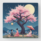 華やかな花見の桜の壁掛け時計 スクエア壁時計 (正面)