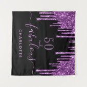 華やかな誕生日 ブラック パープル グリッター 輝き 50 タペストリー (正面(横))