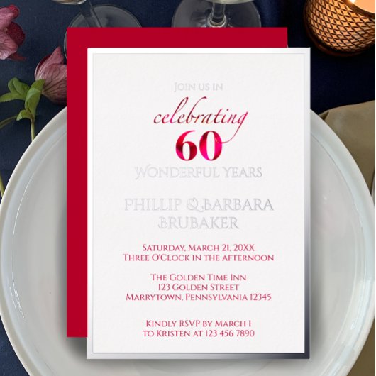 華やかな赤い花の60周年結婚記念パーティー 箔招待状