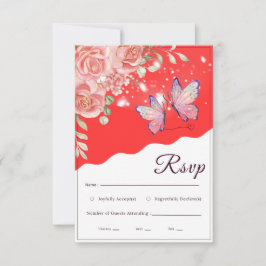 華やかな赤と金のバラの蝶の結婚式RSVPカード 出欠カード