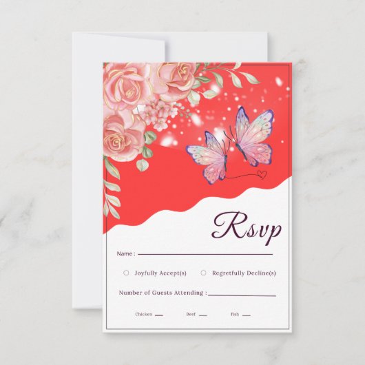 華やかな赤と金のバラの蝶の結婚式RSVPカード 出欠カード (正面)