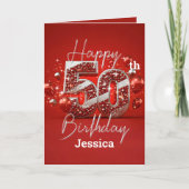 華やかな赤と銀50誕生日 カード (正面)