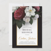 華やかな赤面ピンクのバーゴーニュと白い花模様 招待状 (正面)