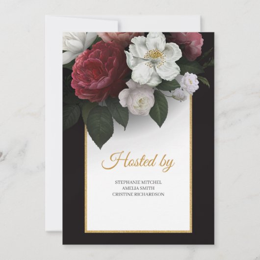 華やかな赤面ピンクのバーゴーニュと白い花模様 招待状 (裏面)