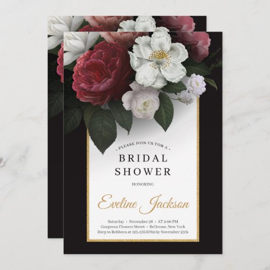 華やかな赤面ピンクのバーゴーニュと白い花模様 招待状 (正面/裏面)