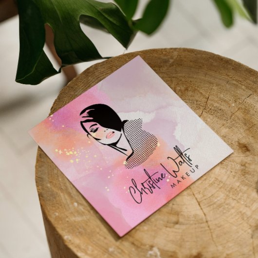 華やかな赤面ピンクの水色スパークリーなメイクアップQR スクエア名刺