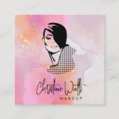 華やかな赤面ピンクの水色スパークリーなメイクアップQR スクエア名刺 (正面)