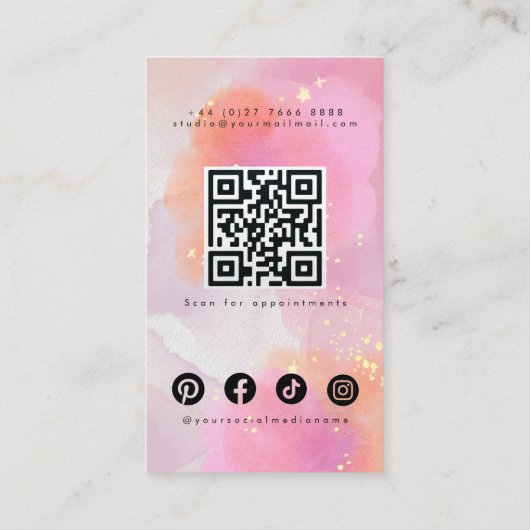 華やかな赤面ピンクの水色スパークリーなメイクアップQR 名刺 (裏面)