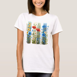 華やかな赤+青+黄色の花のブラシストローク Tシャツ