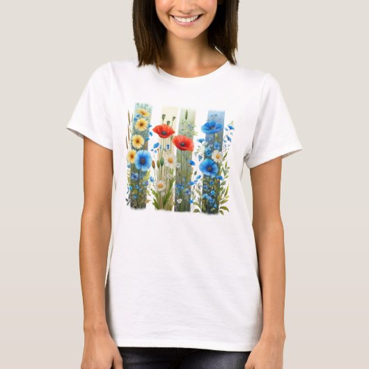 華やかな赤+青+黄色の花のブラシストローク Tシャツ (正面)