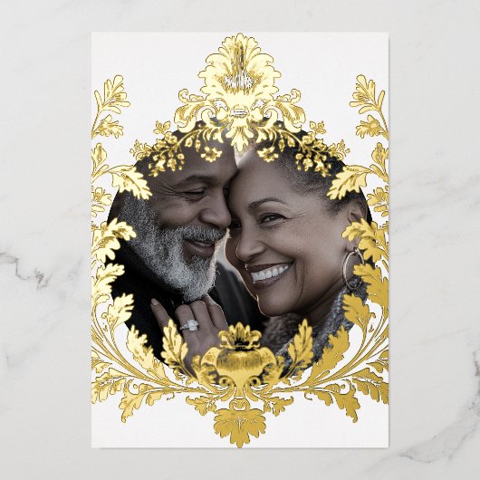 華やかな金ゴールドのモチーフ結婚と写真 箔招待状 (正面)