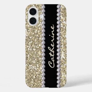 華やかな金ゴールドグリッターと宝石パーソナライズされた、 iPhone 16 PLUSケース