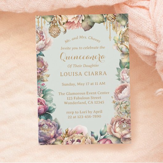 華やかな金ゴールドスパークルフラワーズキンセアニェラ 招待状