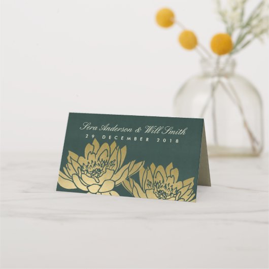 華やかな金ゴールドフェイクダークグリーン蓮フローラ プレイスカード (裏面)