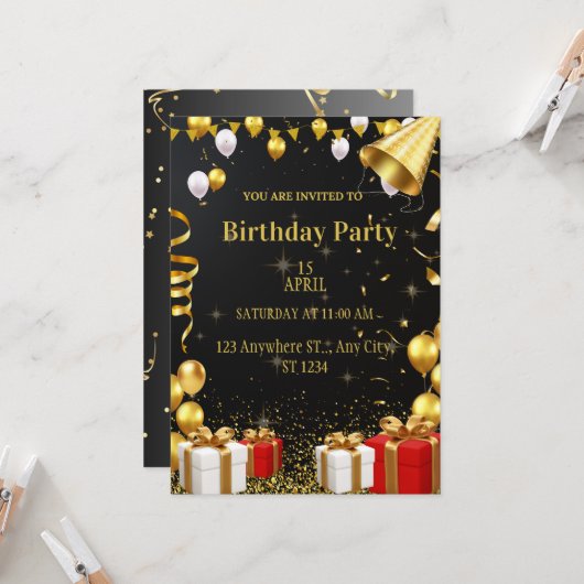 華やかな金ゴールド誕生日パーティーの招待状 招待状 (正面/裏面インサイチュ)