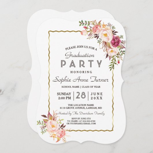 華やかな金ゴールド赤面ピンクフローラ卒業パーティー 招待状 (正面/裏面)