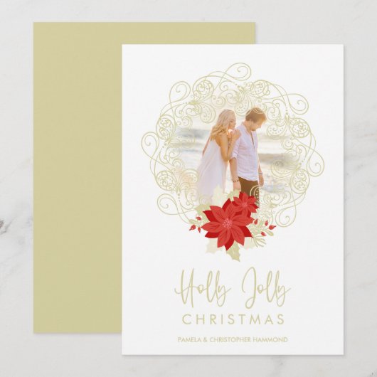 華やかな金色のオーナメントの写真クリスマスフラワー シーズンカード (正面/裏面)