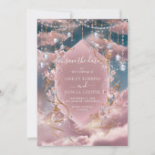 華やかな青いピンクの雲の書道の日付を保存 招待状 (正面)