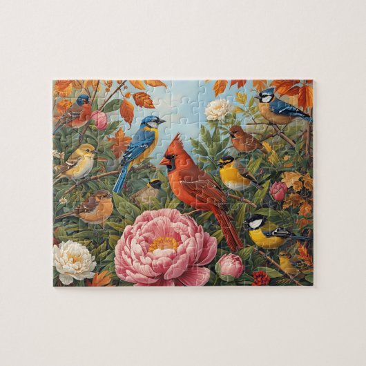 華やかな鳴き鳥と秋の花 ジグソーパズル (横)