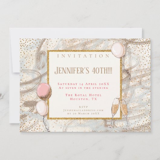 華やかな40番目のパーティー金ゴールド紙吹雪フルートバルーン 招待状 (正面)