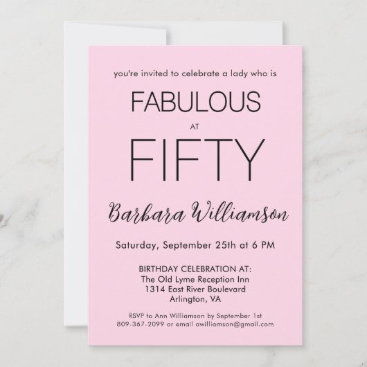 華やかな50歳の誕生日パーティー バラピンクの「Fifty and Fabulous」 招待状 (正面)