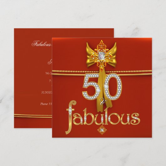 華やかな50 ダイヤモンド ゴールド 深紅の誕生日パーティー 招待状 (正面/裏面)