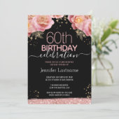 華やかな60歳の誕生日ピンクの花のマイルストーン・パーティー 招待状 (スタンド正面)