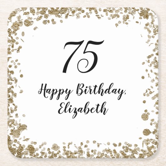 華やかな75歳の誕生日 ゴールドスパンコール 誕生日パーティー スクエアペーパーコースター (正面)