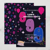 華やかな9歳の誕生日 | ピンク ブルー コンフェティ 招待状 (正面/裏面)