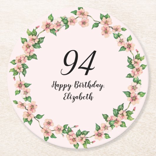 華やかな94歳の誕生日 ピンクの淡い花 ラウンドペーパーコースター (正面)