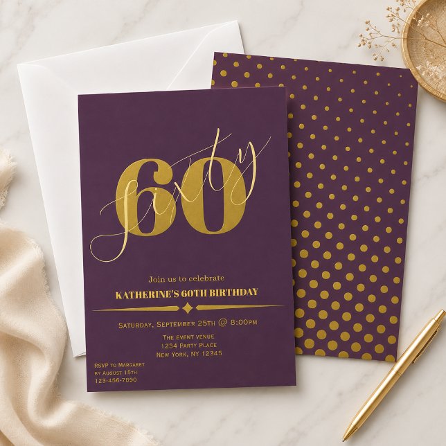華やかな Plum & Gold の60歳の誕生日招待状 (クリエイターアップロード済み)