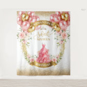 華やかなSweet sixteenバナー赤面金ゴールドバルーン タペストリー (正面)