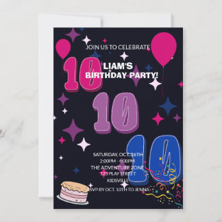 華やか10歳の誕生日 | ピンク ブルー コンフェティ 招待状