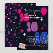 華やか10歳の誕生日 | ピンク ブルー コンフェティ 招待状 (正面/裏面)