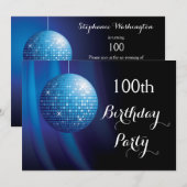 華やか100歳の誕生日ブルーパーティーディスコボール 招待状 (正面/裏面)