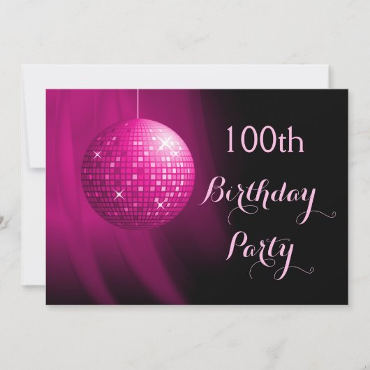 華やか100歳の誕生日ホットピンクパーティーディスコボール 招待状 (正面)
