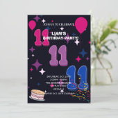 華やか11歳の誕生日 | ピンク ブルー コンフェティ 招待状 (スタンド正面)