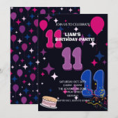 華やか11歳の誕生日 | ピンク ブルー コンフェティ 招待状 (正面/裏面)