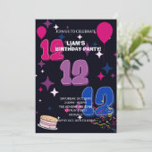 華やか12歳の誕生日 | ピンク ブルー コンフェティ 招待状 (スタンド正面)