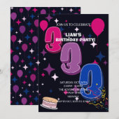 華やか3歳の誕生日 | ピンク ブルー コンフェティ 招待状 (正面/裏面)